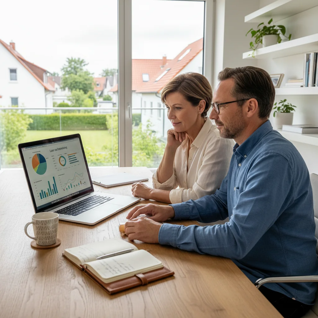 A photorealistic image of a middle-aged German couple in a modern home office, reviewing loan agreement details on a laptop, with subtle financial charts on the screen, evoking security and planning for home financing in Germany. No children present.