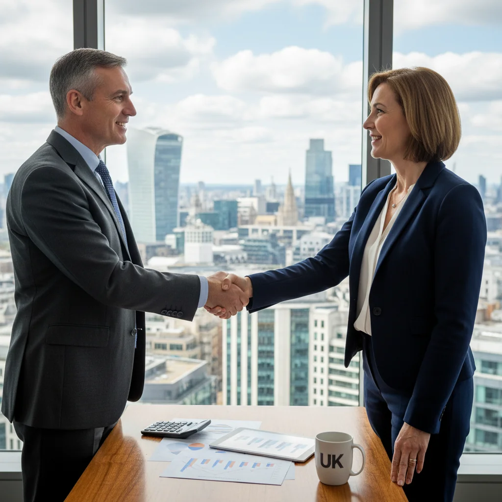 A photorealistic image of two professional adults shaking hands over a desk in a modern office, symbolizing a successful loan agreement, with subtle financial elements like a calculator and charts in the background, conveying trust and business partnership in the UK context.
