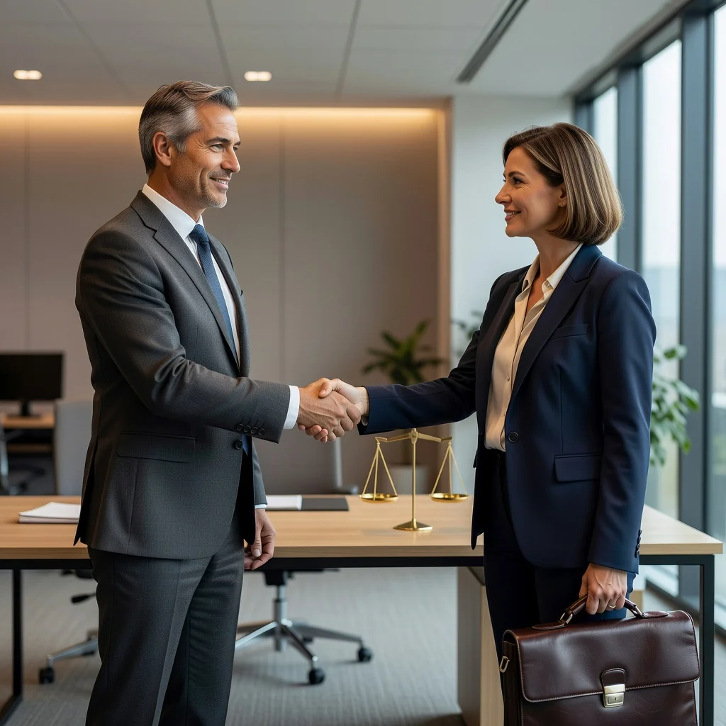 A photorealistic image depicting two adults in a professional setting, one handing over a symbolic key or briefcase to the other, representing a loan agreement, with subtle elements of caution like a balance scale in the background, evoking risk and prevention in financial transactions. No children present.