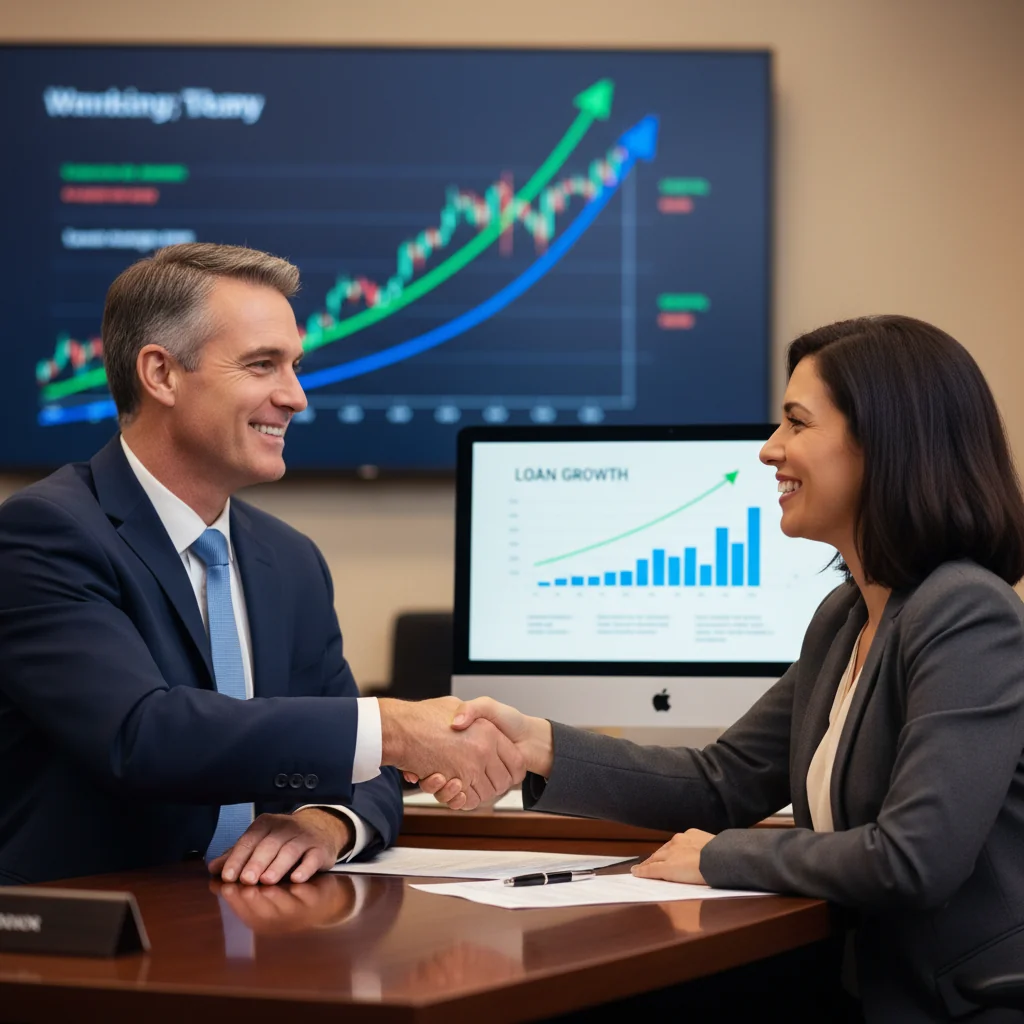 A photorealistic image of an adult professional shaking hands with a banker across a desk in a modern bank office, symbolizing a loan agreement, with subtle financial elements like a calculator and charts in the background, conveying trust and financial opportunity.