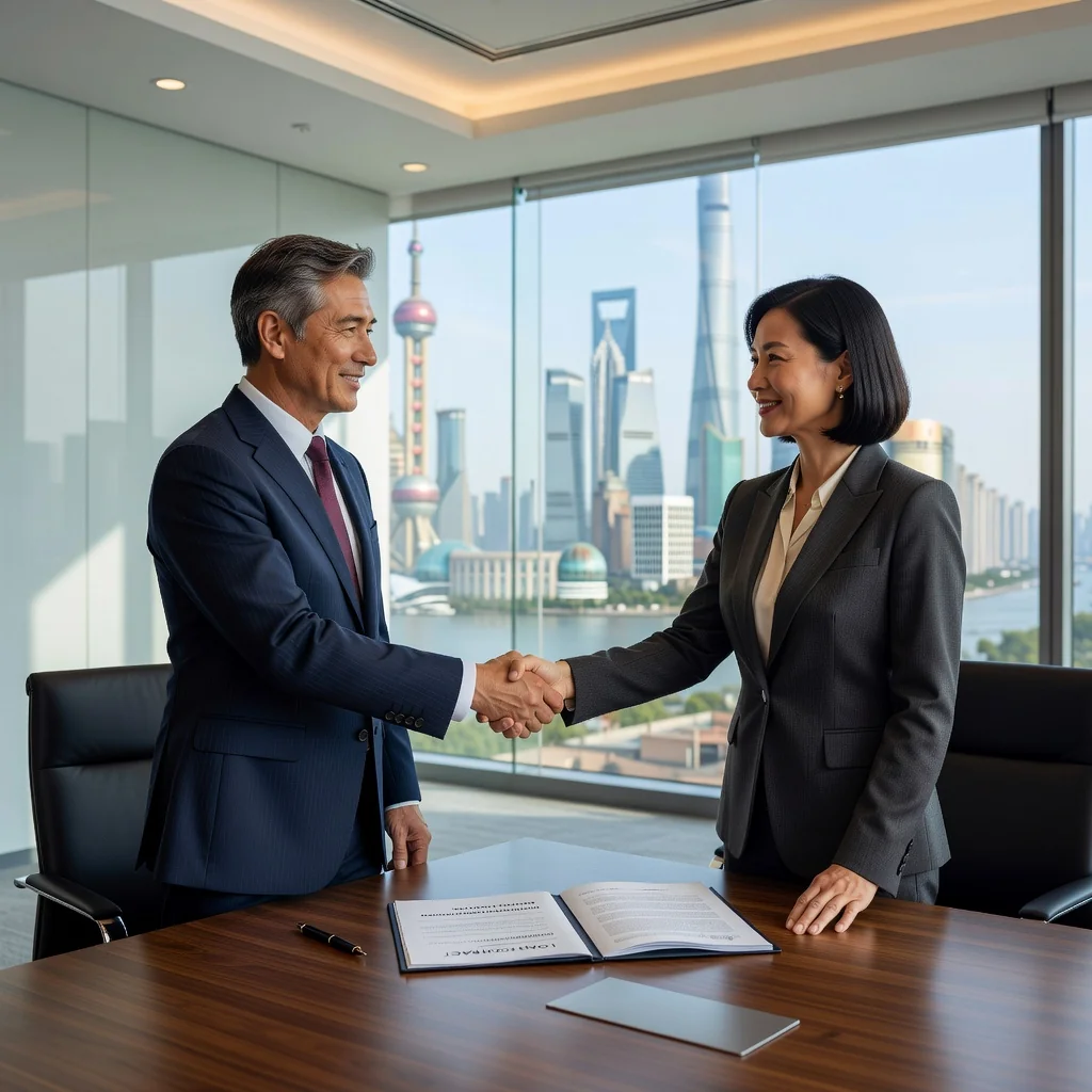 A photorealistic image of two professional adults in a modern Chinese office setting, shaking hands over a conference table to symbolize the agreement and signing of a loan contract, with subtle elements like a city skyline view representing financial trust and business partnership in China. No children present.