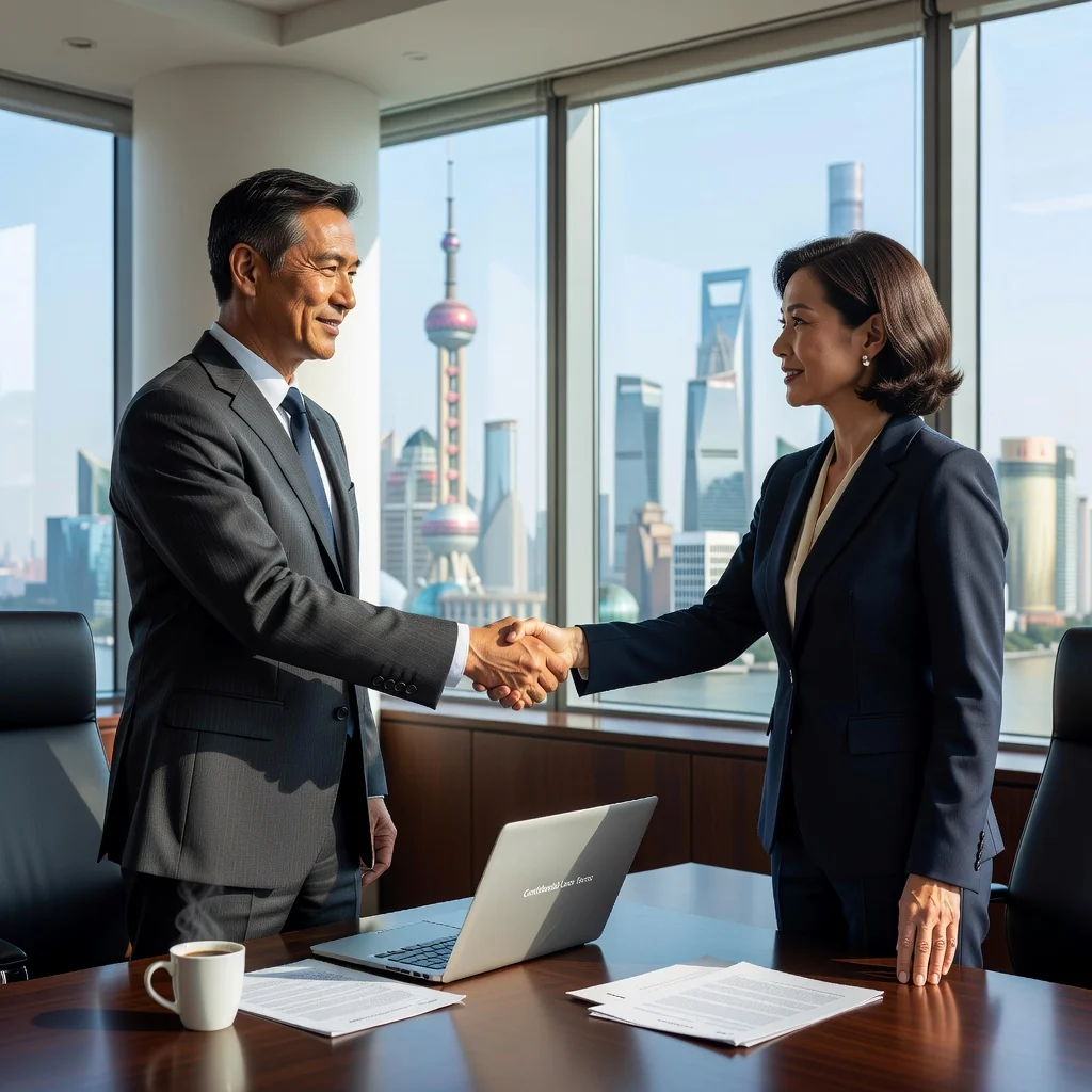 A photorealistic image of two professional adults in a modern Chinese office setting, shaking hands over a desk to symbolize a successful business loan agreement, conveying trust and financial partnership without showing any legal documents or children.