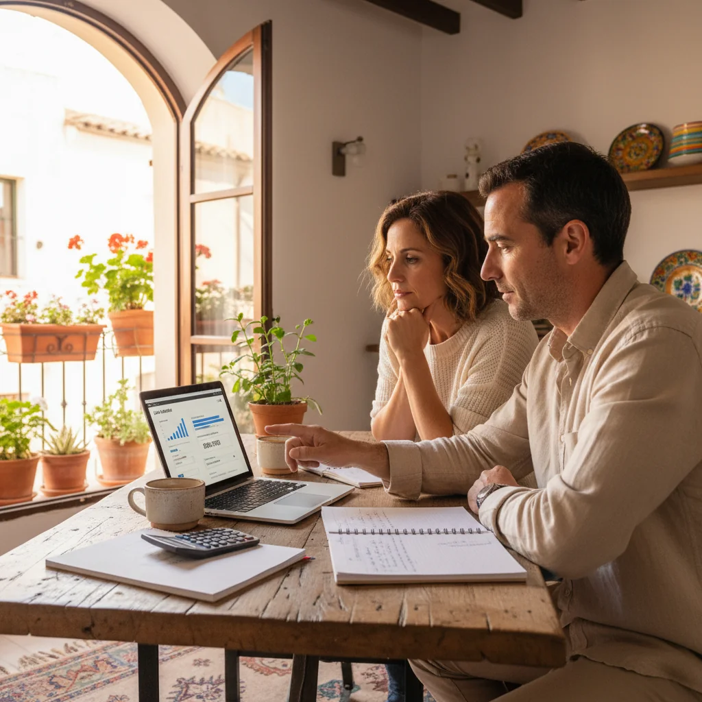 A photorealistic image depicting a professional adult couple in a modern Spanish home, sitting at a kitchen table with a laptop open, reviewing financial documents together. They appear thoughtful and discussing loan options, symbolizing financial planning and borrowing for personal needs like home improvement. The scene is bright and inviting, with subtle Spanish elements like a window view of a sunny terrace. No children are present in the image.