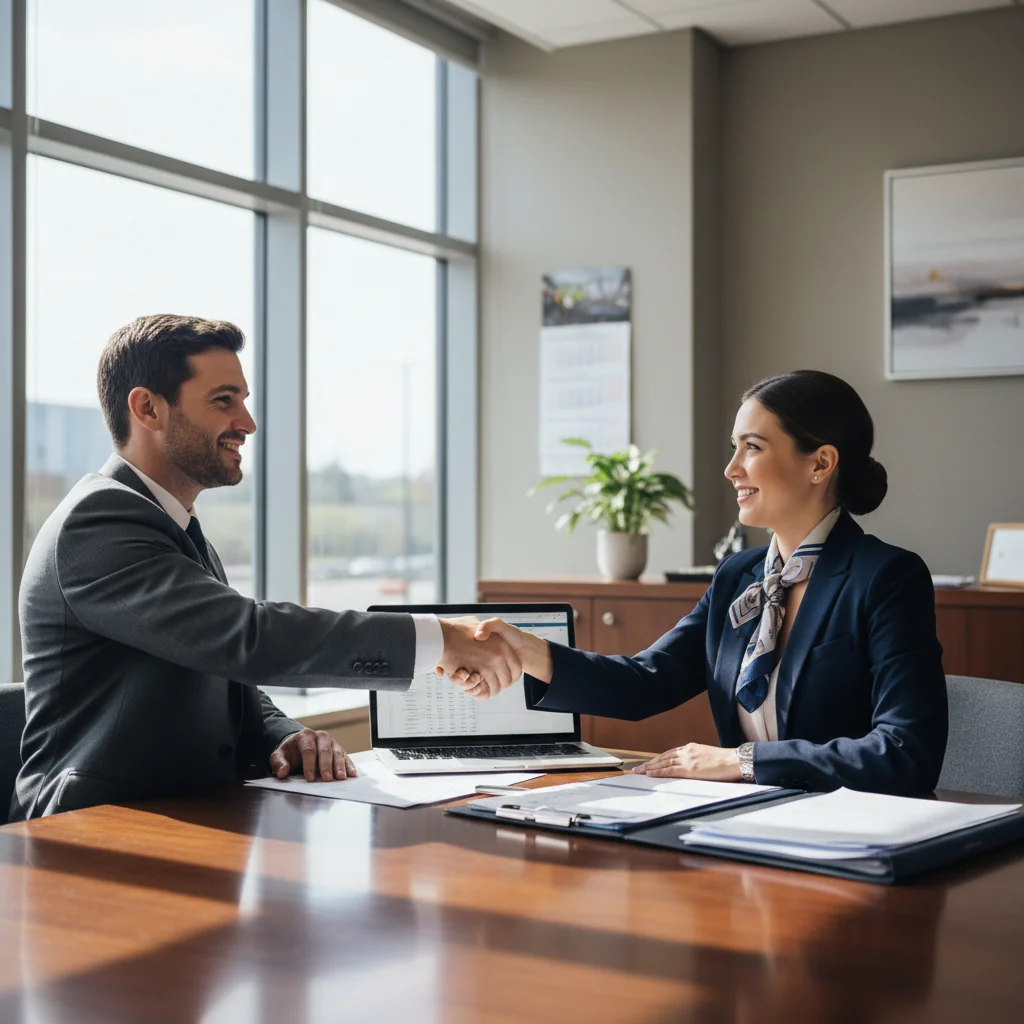 A photorealistic image of a professional adult shaking hands with a banker across a desk in a modern bank office, symbolizing a loan agreement being finalized, with subtle financial elements like a calculator and money in the background, conveying trust and financial decision-making.