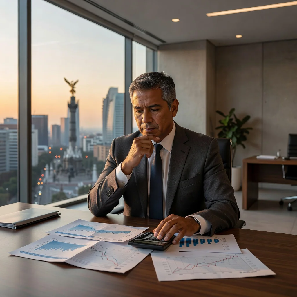 A photorealistic image of an adult Mexican professional in a modern office setting, reviewing financial documents related to a loan agreement, symbolizing trust and financial planning in a Mexican business context. No children are present.