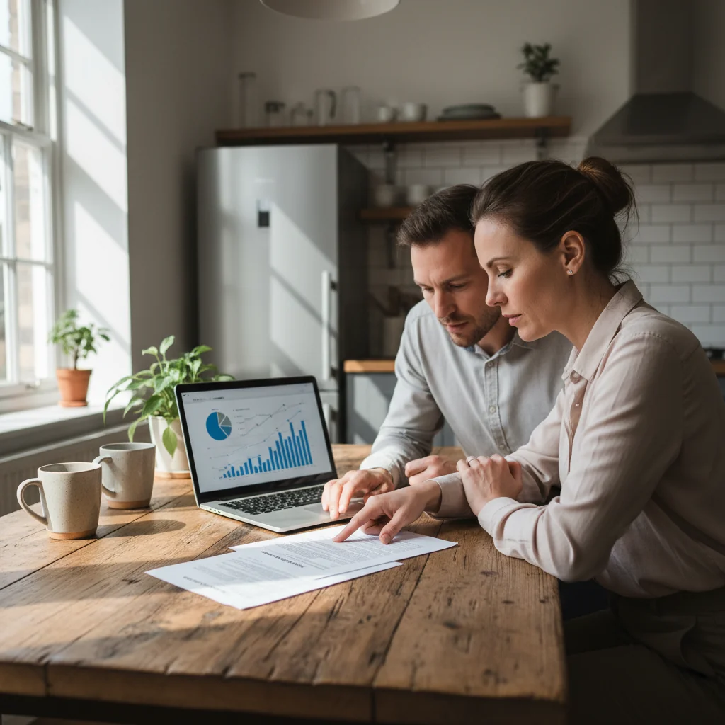 A photorealistic image of a professional adult couple in their 30s sitting at a kitchen table in a modern American home, reviewing loan documents together with a laptop open, symbolizing financial planning and understanding loan agreements. The scene conveys trust and partnership in managing finances, with warm lighting and everyday setting.