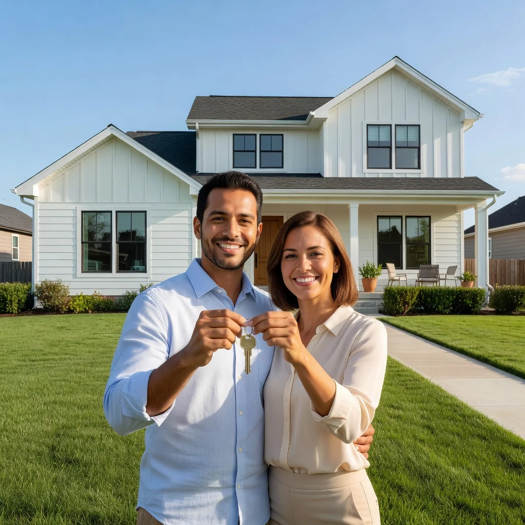 A photorealistic image representing the concept of a home loan agreement, focusing on the purpose of securing a mortgage for homeownership. Depict an adult couple in their 30s standing in front of a modern suburban house, smiling confidently while holding a set of house keys, symbolizing the successful completion of a loan process. The scene is set on a sunny day with a well-maintained lawn and clear blue sky, emphasizing stability and achievement in home financing. No children are present in the image. The image must be entirely photorealistic, with no graphics, drawings, cartoons, or illustrative elements.