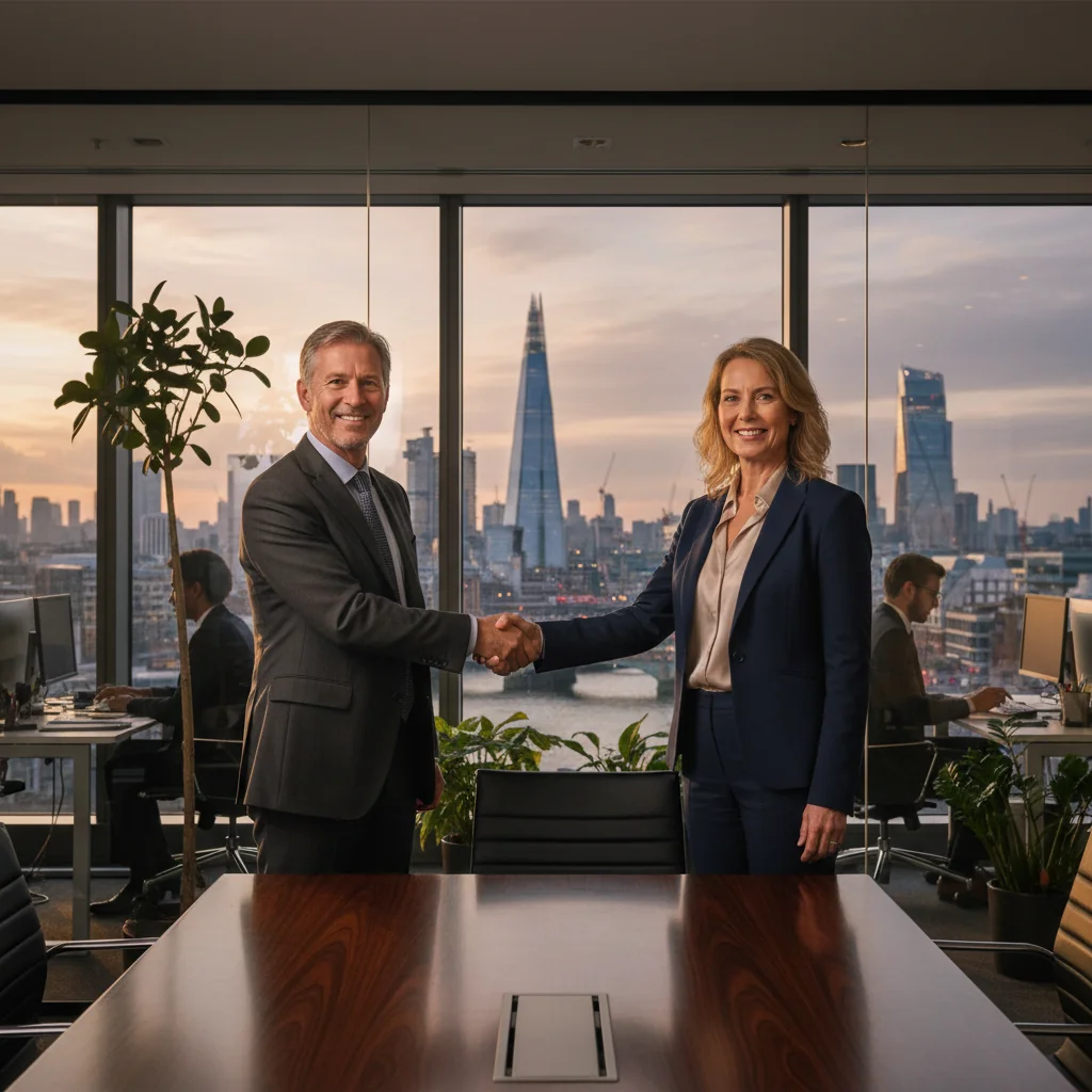 A photorealistic image depicting two professional adults in a modern UK office setting, shaking hands over a conference table to symbolize a successful loan agreement, with subtle background elements like a city skyline view representing financial security and partnership, no legal documents visible, no children present.