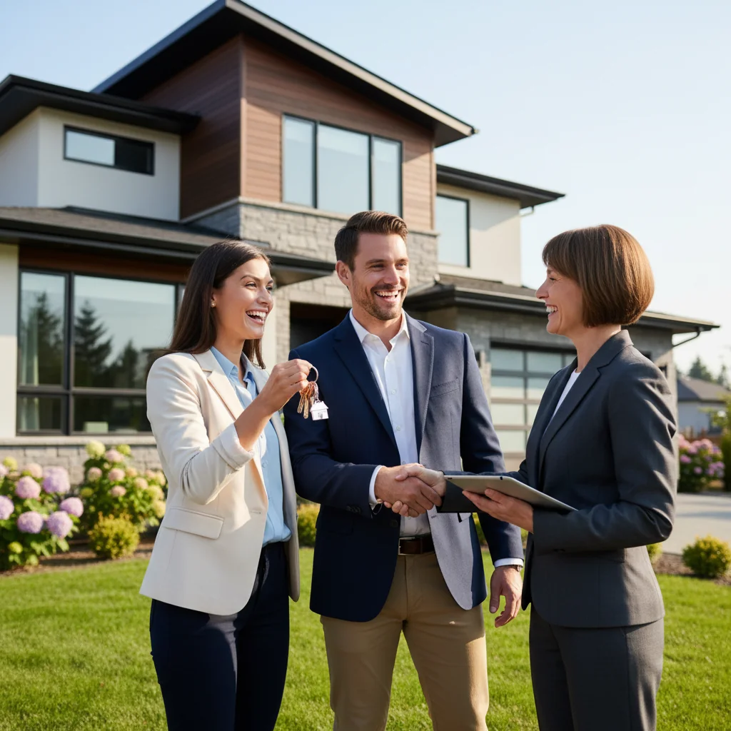 A photorealistic image of a young adult couple in their mid-30s, standing happily outside a modern suburban home they just purchased, holding keys in one hand and shaking hands with a real estate agent in the other, symbolizing the successful completion of a home loan process, with a clear blue sky and green lawn in the background, evoking security and achievement in homeownership.