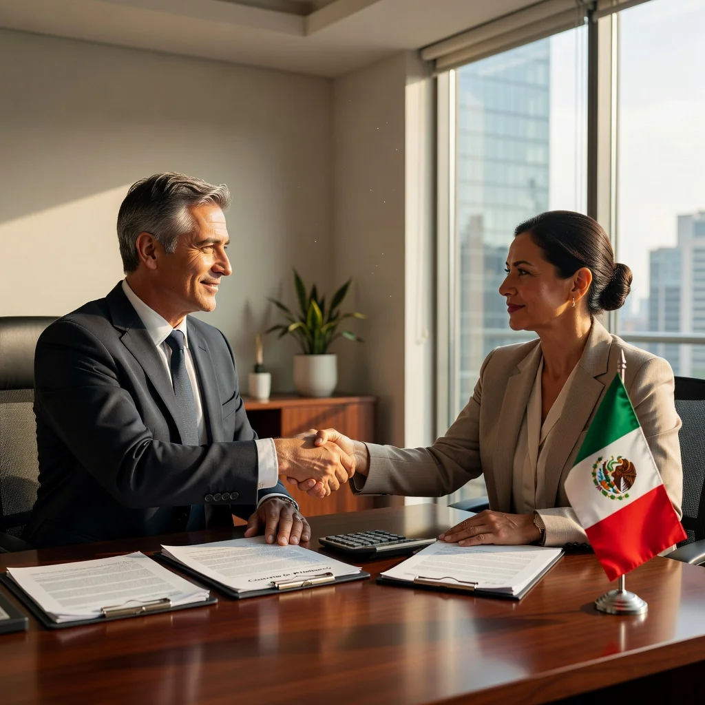 A photorealistic image representing trust and agreement in financial lending in Mexico, showing two adult professionals shaking hands across a desk with subtle Mexican cultural elements like a flag or traditional decor in the background, symbolizing rights and obligations in loan contracts.