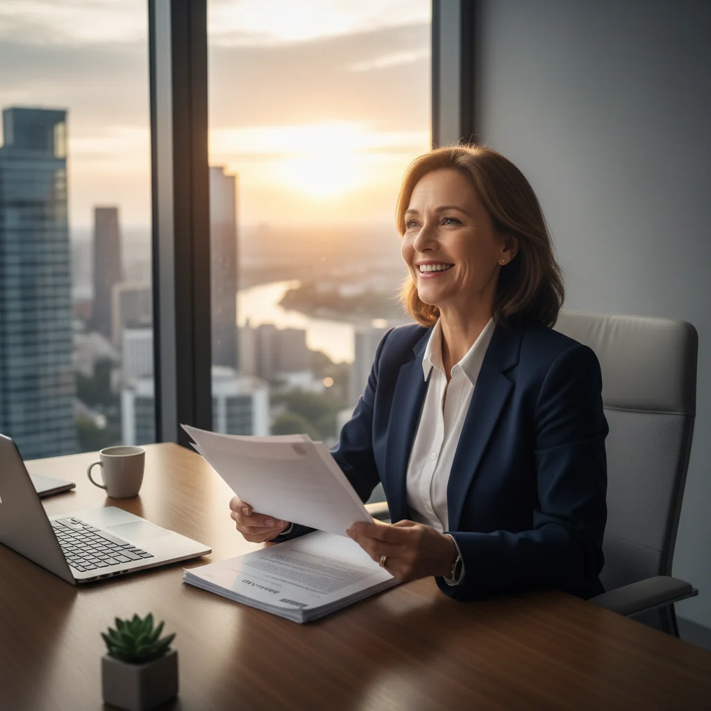 A photorealistic image of an adult person in a professional setting, looking relieved while reviewing financial documents on a desk, symbolizing the resolution of a bank loan termination, with no children present.