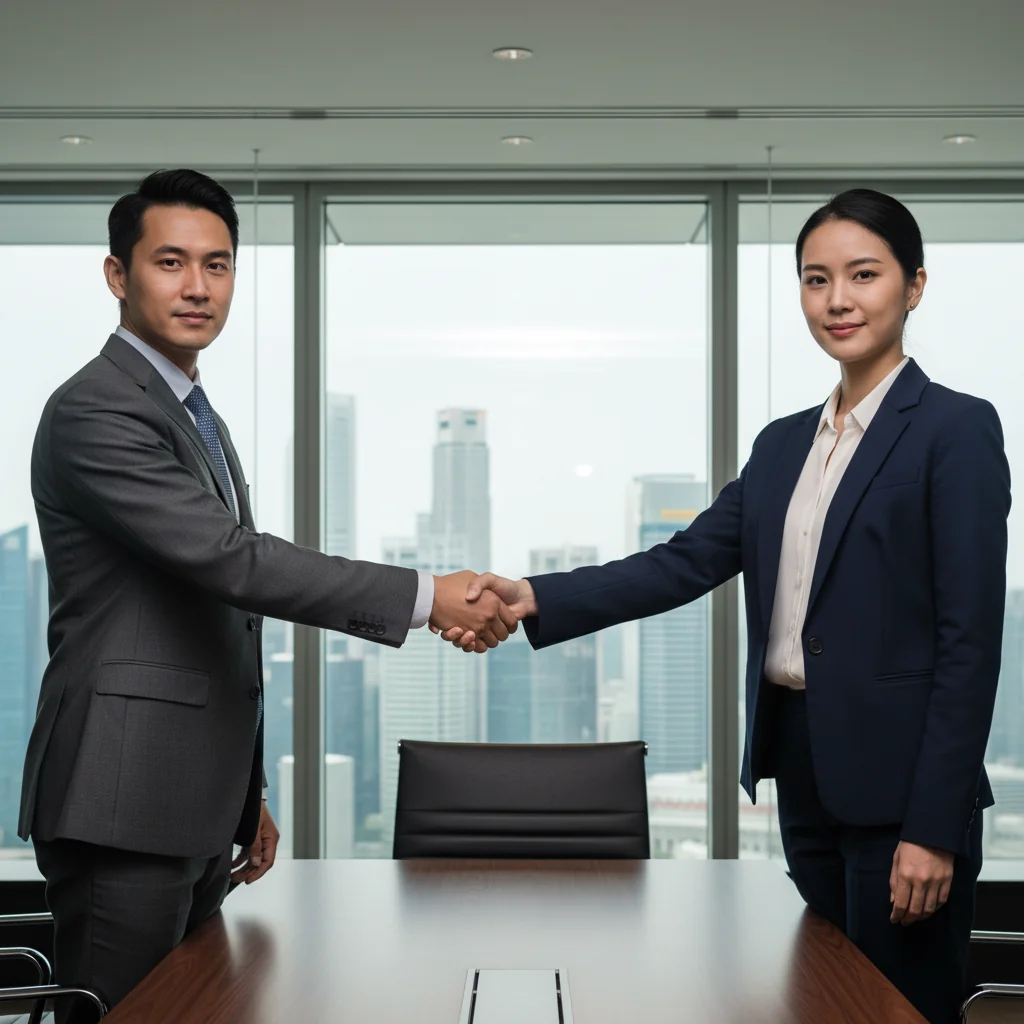 A professional business meeting in a modern Singapore office, with two adults shaking hands over a table, symbolizing a loan agreement, with subtle Singapore skyline visible through the window, photorealistic style.