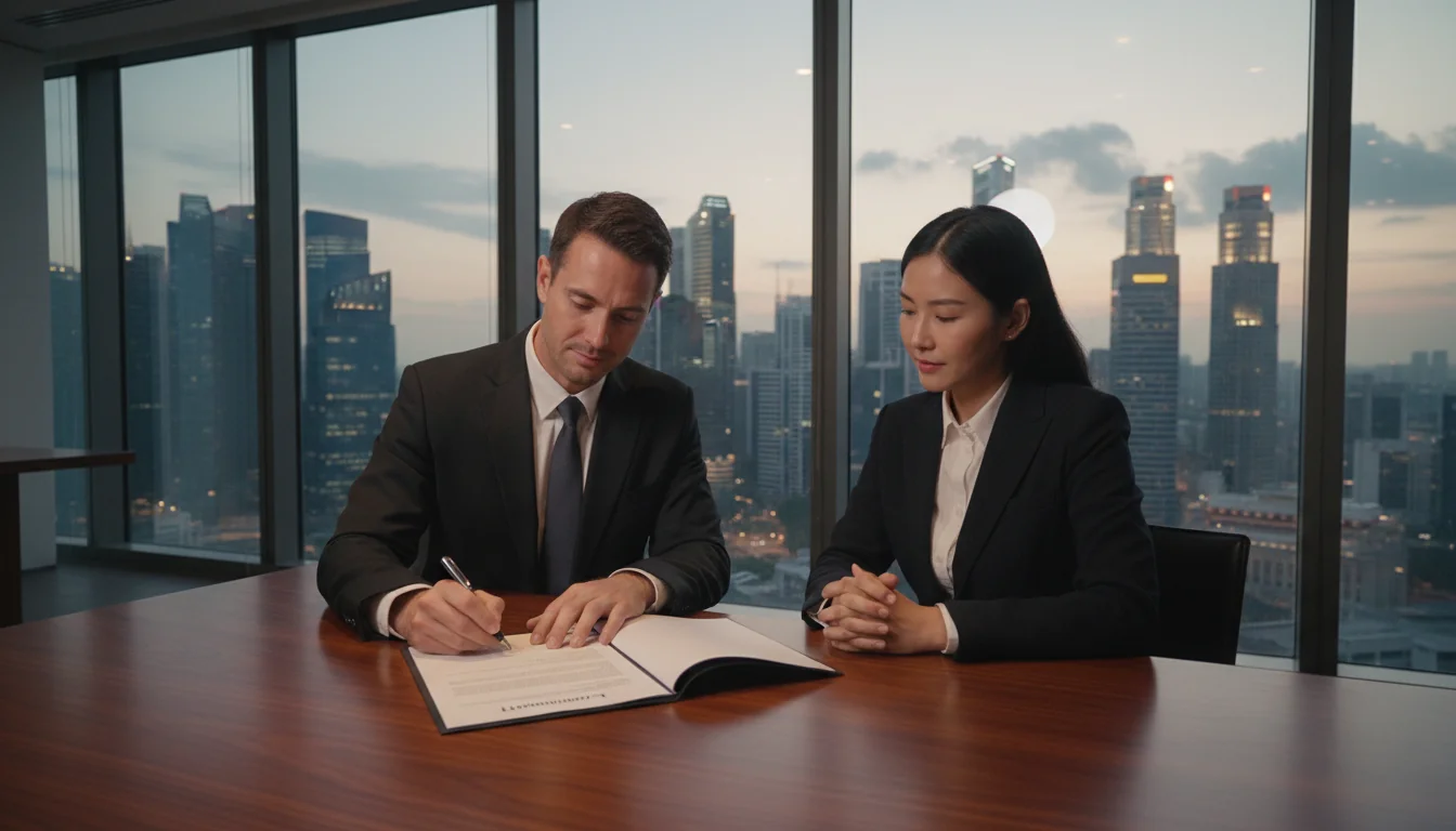 Business professionals signing loan agreement