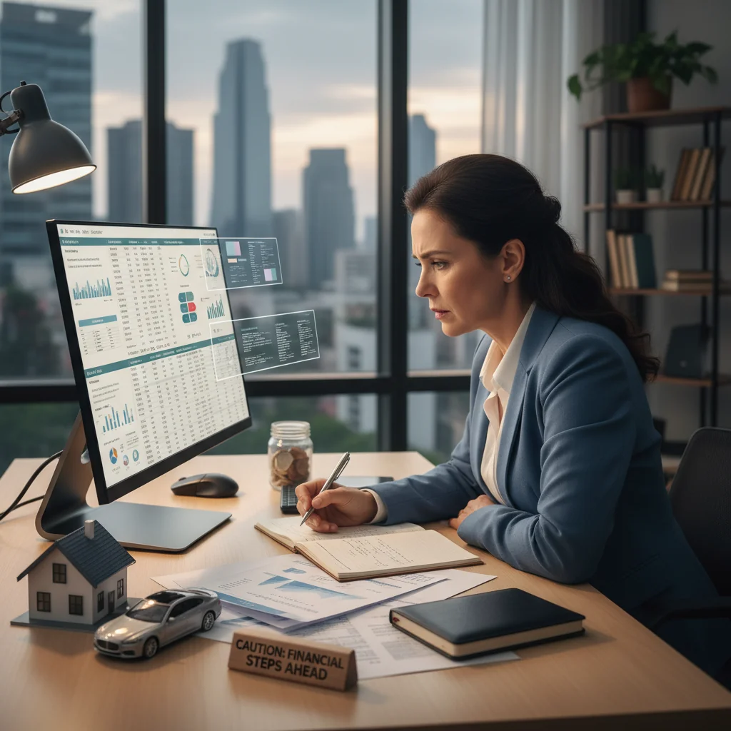 A photorealistic image of a stressed adult professional in a modern office setting, carefully reviewing financial documents on a laptop, surrounded by subtle icons representing loans like a house and a car, symbolizing the importance of understanding loan agreements to avoid mistakes.