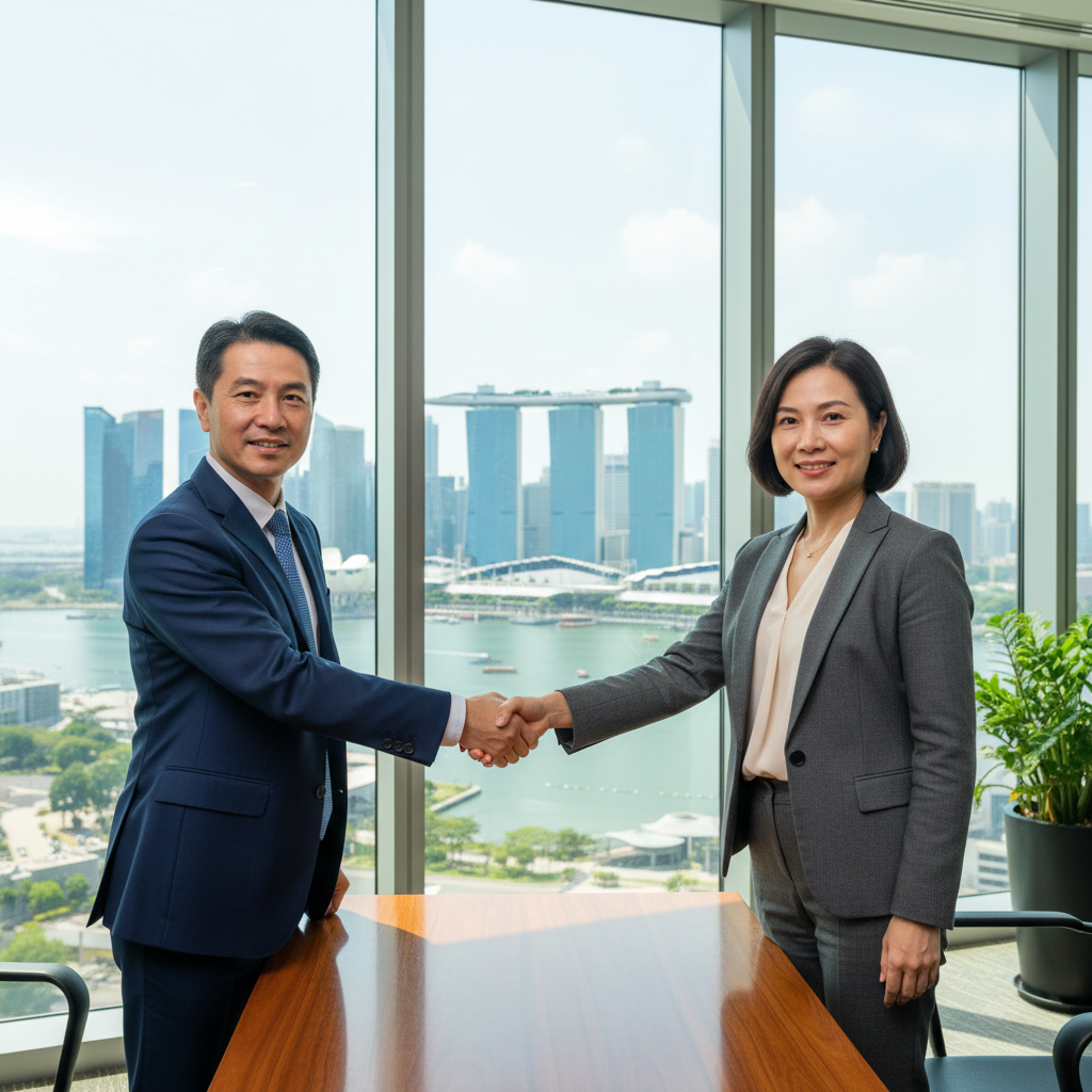 A photorealistic image of two professional adults in a modern Singapore office, shaking hands over a desk with a city skyline view in the background, symbolizing a successful business loan agreement.