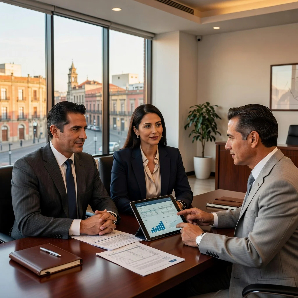 A photorealistic image representing financial assistance and loan agreements in Mexico, showing a diverse group of Mexican adults in a modern bank setting, discussing terms with a advisor, conveying trust and empowerment through borrowing, with subtle Mexican cultural elements like architecture in the background.