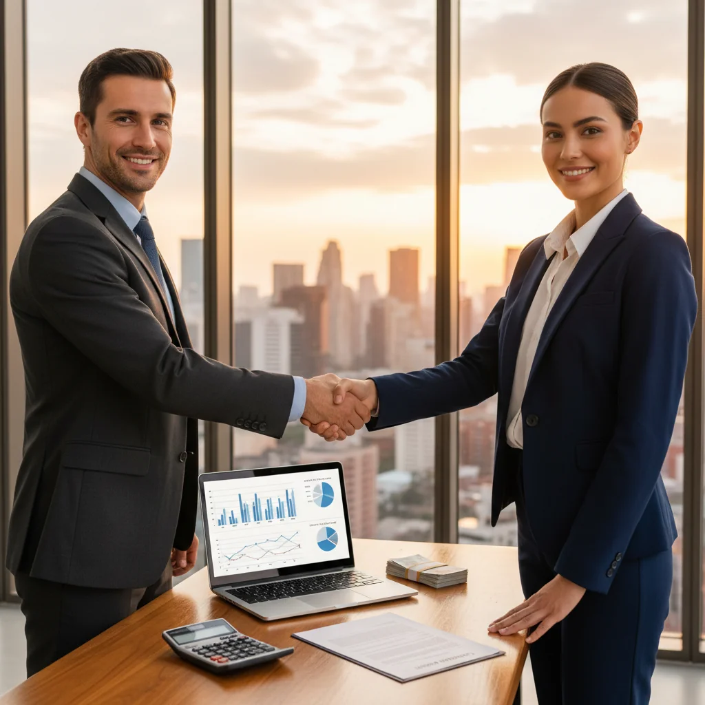 A professional adult man and woman in business attire shaking hands across a desk in a modern office, symbolizing a loan agreement, with subtle financial elements like a calculator and charts in the background, conveying trust and partnership in a financial transaction.