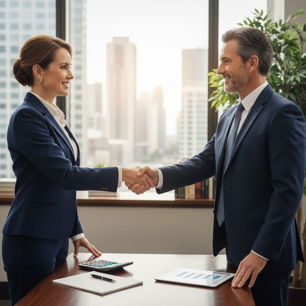 A photorealistic image of two professional adults shaking hands across a desk in a modern office, symbolizing a financial agreement or loan deal, with subtle elements like a calculator and financial charts in the background, conveying trust and business partnership.