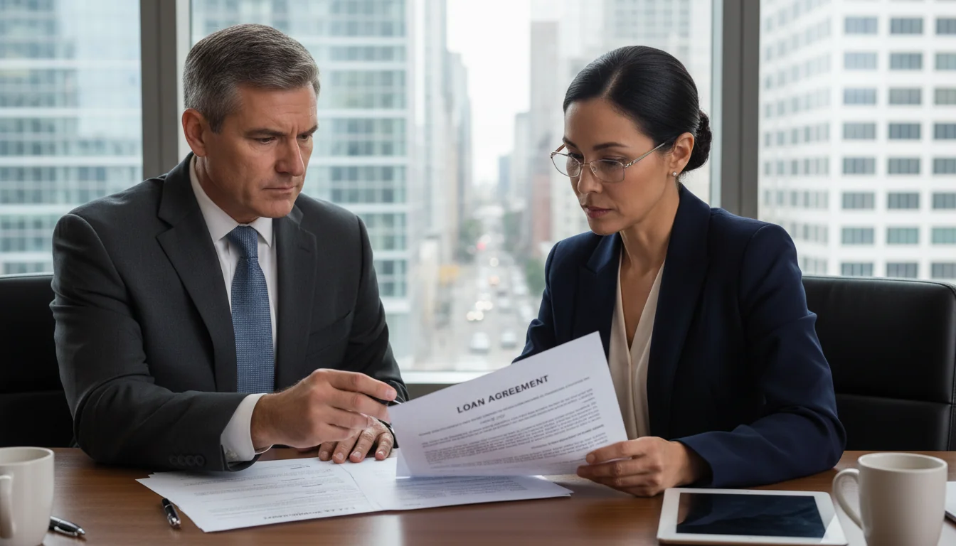 Business professionals reviewing loan contract