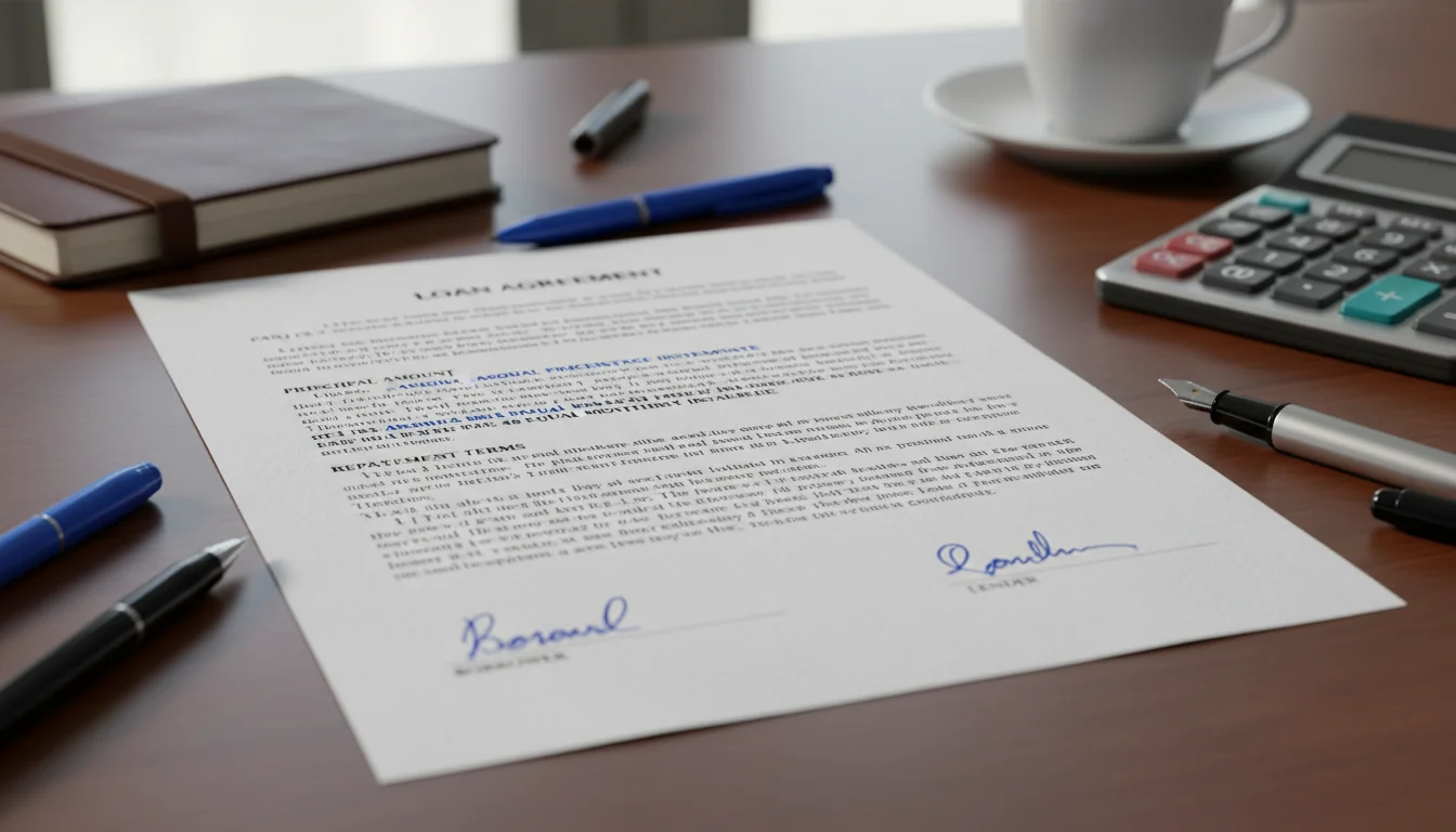 Close-up of signed loan agreement document