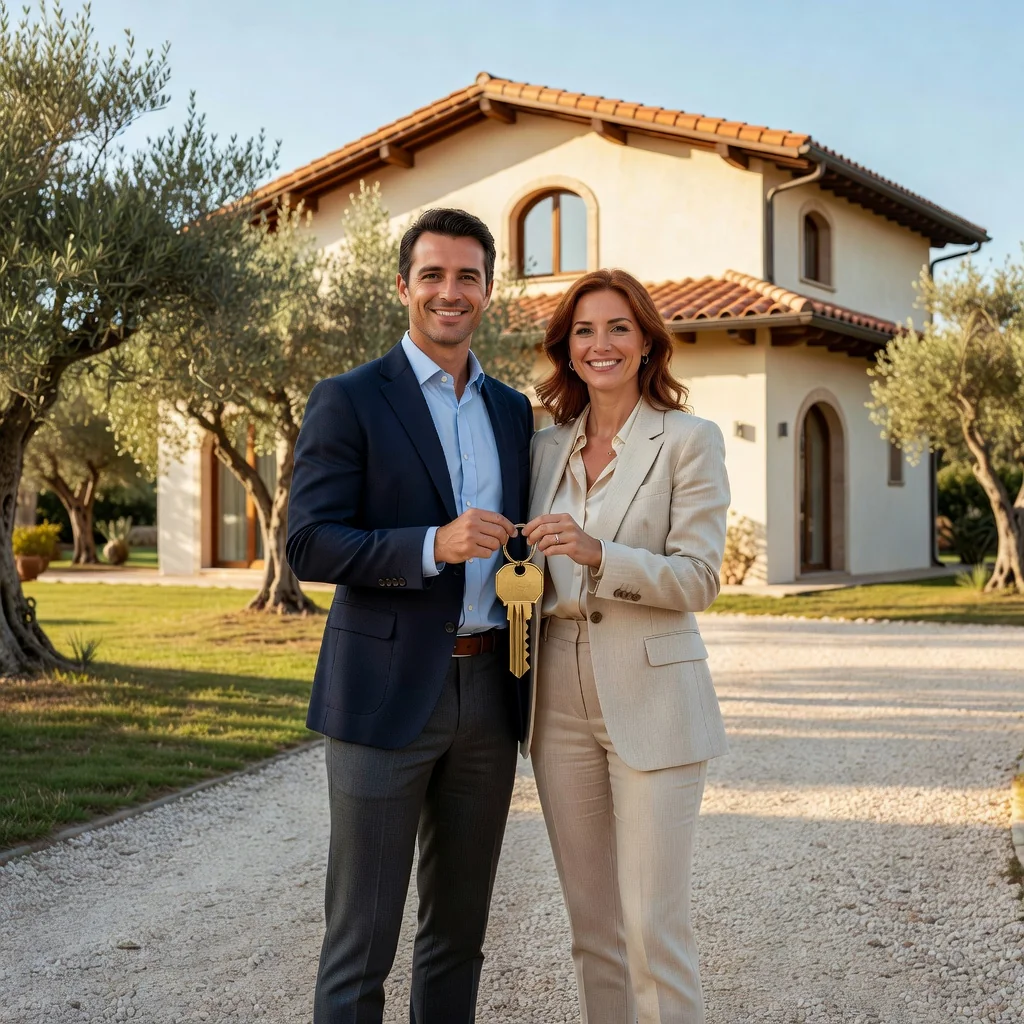 A photorealistic image of a happy adult couple in their 30s standing in front of a newly purchased modern Italian home, holding house keys, symbolizing the achievement of homeownership through a mortgage loan. The scene is set in a sunny suburban neighborhood in Italy, with Italian architecture in the background. No children are present in the image.