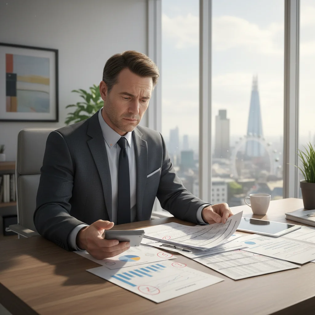 A photorealistic image of a thoughtful adult professional in a modern UK office setting, reviewing financial documents on a laptop, symbolizing careful consideration in loan agreements, with elements like a Union Jack flag in the background to evoke the UK context, no children present.