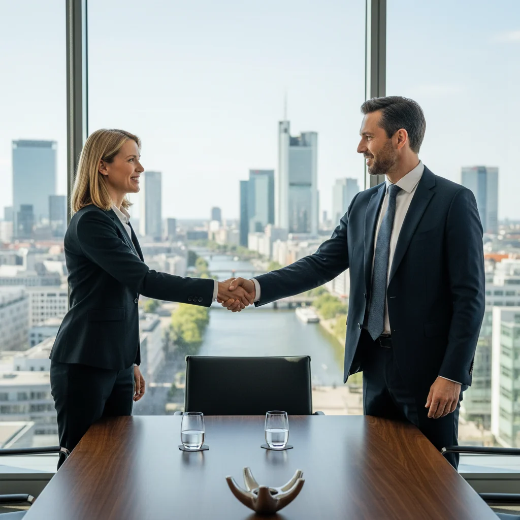 A photorealistic image depicting a professional business meeting in a modern German office, where two adults in business attire are shaking hands over a table, symbolizing the agreement and trust involved in a loan contract, with subtle German elements like a flag or architecture in the background.