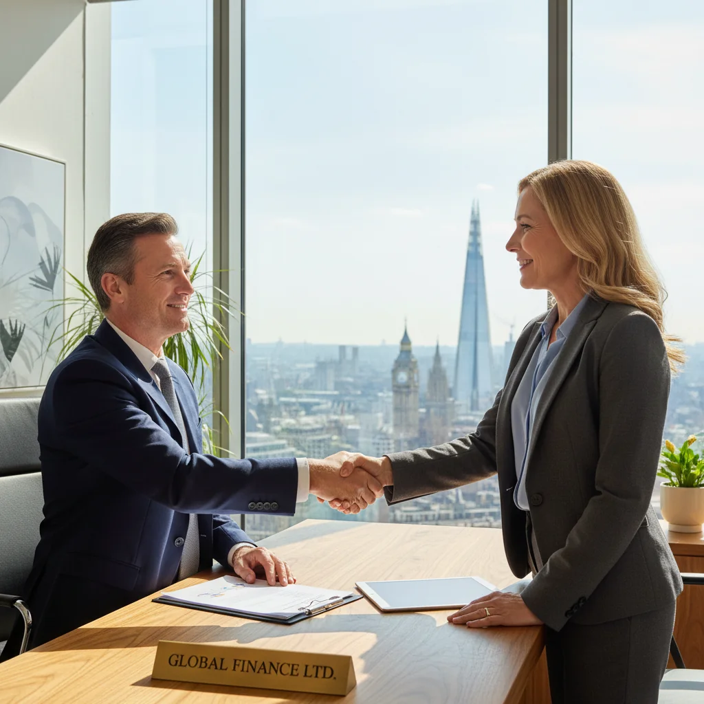 A photorealistic image of two adults in a professional setting, such as an office or meeting room, shaking hands over a table to symbolize a financial agreement or loan deal in the United Kingdom, with subtle UK elements like a Union Jack flag in the background or London skyline visible through a window, conveying trust and partnership without showing any legal documents or children.