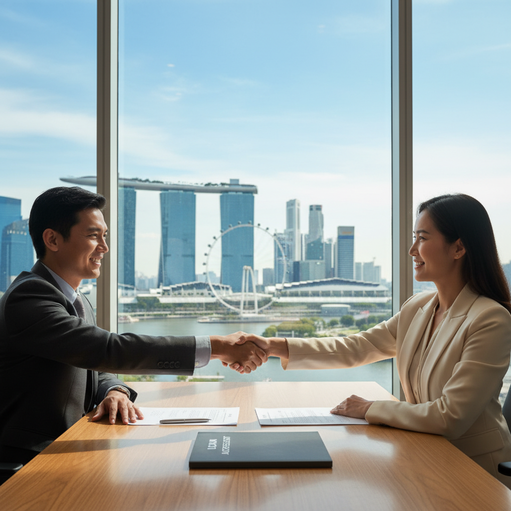 A photorealistic image depicting two professionals in a modern Singapore office shaking hands over a business deal, symbolizing a loan agreement, with the Singapore skyline visible through the window in the background. The scene conveys trust, partnership, and financial agreement without showing any documents.