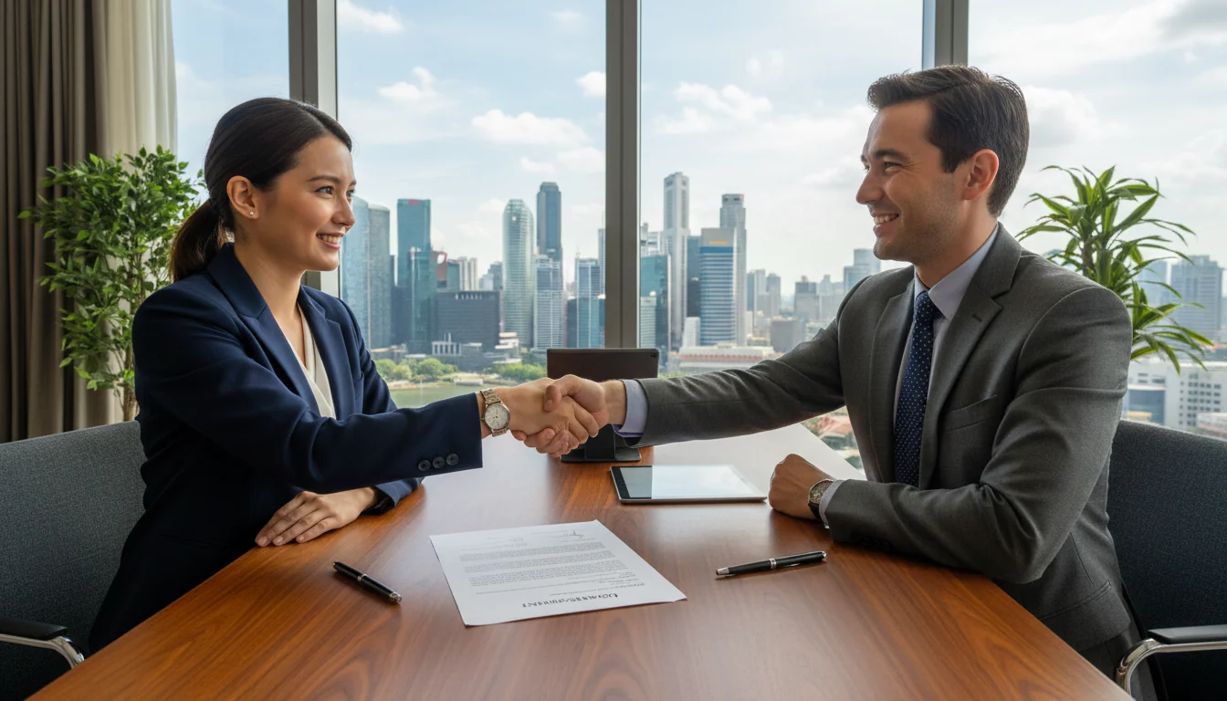 Signing loan agreement in office
