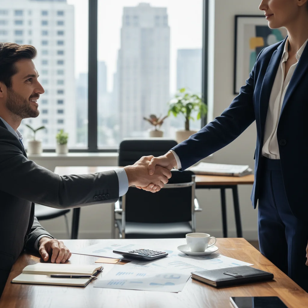 A photorealistic image depicting a professional business meeting where two adults are shaking hands over a table, symbolizing a loan agreement in a modern office setting, conveying trust and financial partnership without showing any documents or children.