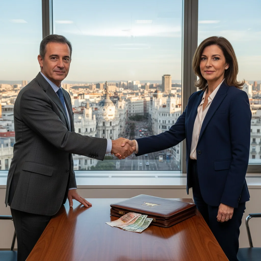 A photorealistic image of two Spanish adults in a professional setting, one handing over a symbolic check or money envelope to the other, representing a loan agreement, with subtle Spanish architectural elements in the background like a modern office or bank in Madrid, conveying trust and financial partnership, no children present.