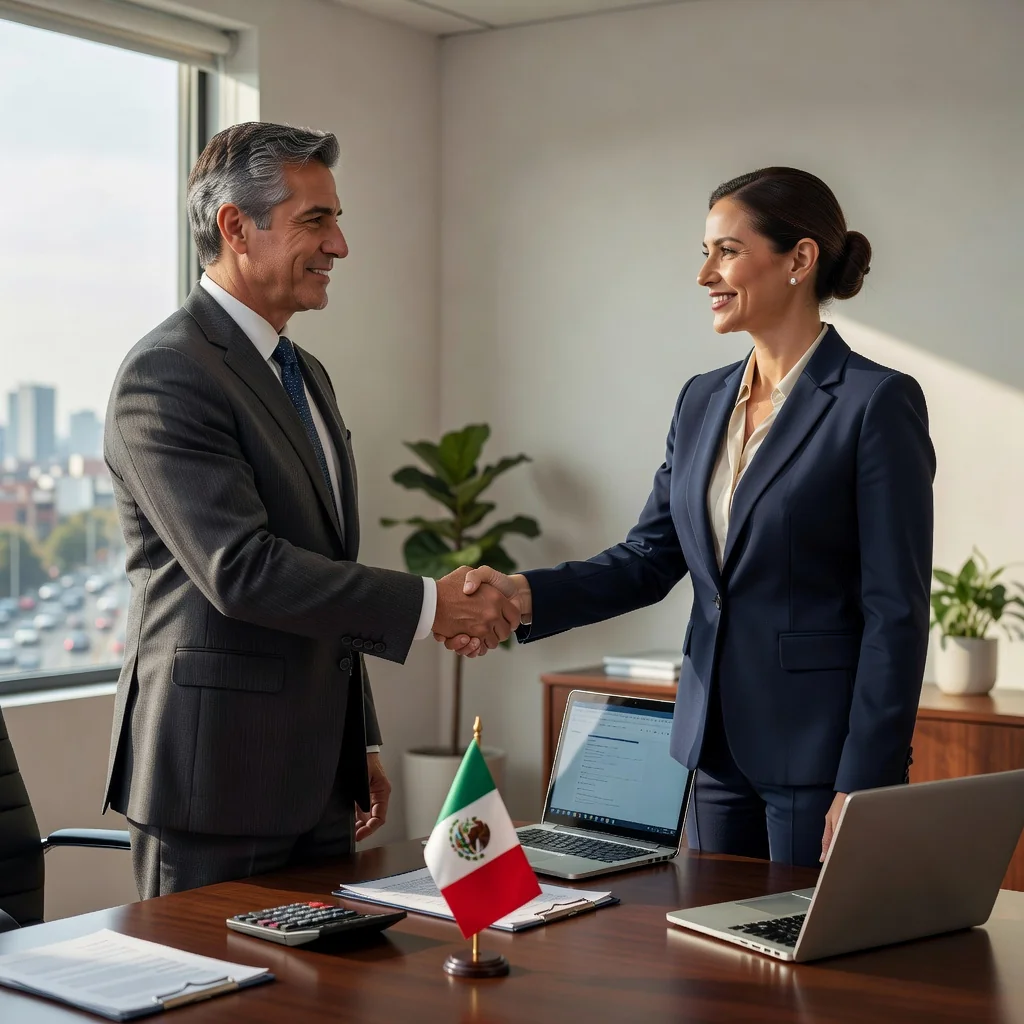 A photorealistic image representing the concept of a loan agreement in Mexico, showing two consenting adults shaking hands over a table in a professional office setting, with subtle Mexican cultural elements like a flag or sombrero in the background, symbolizing trust and financial partnership in a legal context.