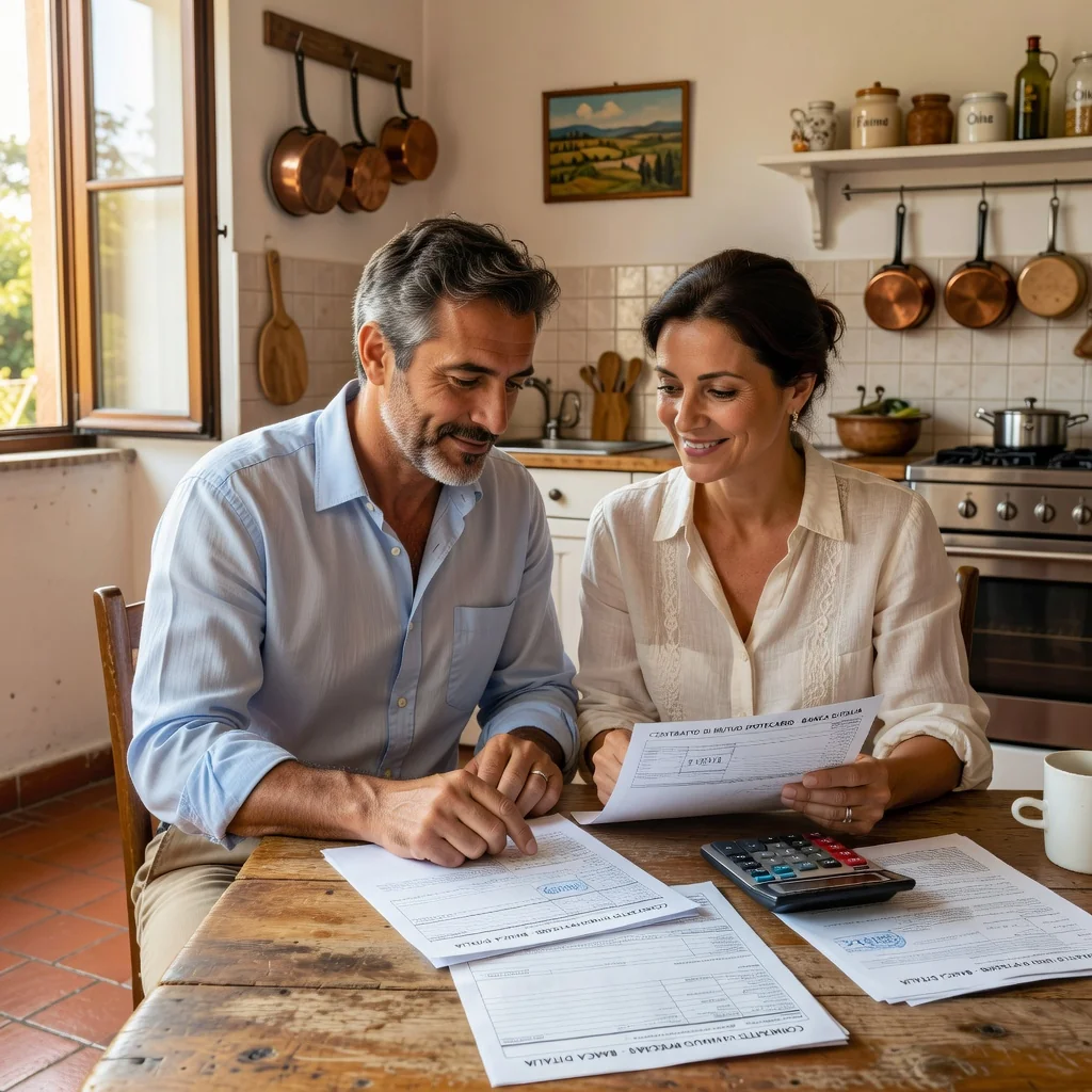 A photorealistic image depicting a middle-aged Italian couple in a modern kitchen, reviewing financial papers related to a home loan, with a subtle background of a cozy Italian home interior, symbolizing the purpose of a mortgage contract in Italy. No children are present in the image.