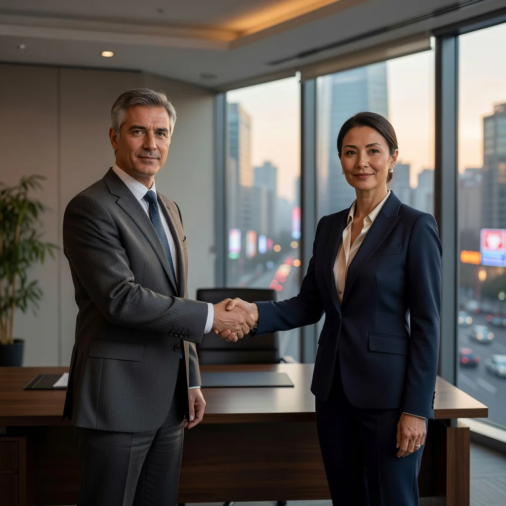 A photorealistic image representing the purpose of a loan agreement in China, showing two professional adults in a modern Chinese office shaking hands over a business deal, symbolizing trust and financial agreement, with subtle Chinese cultural elements like a city skyline in the background. No children, no documents visible.