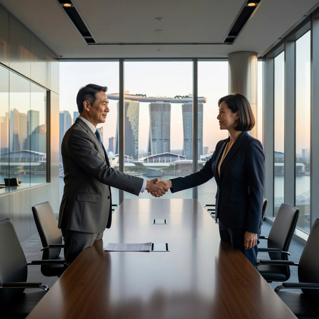 A professional business meeting in a modern Singapore office, where two adults are shaking hands over a table, symbolizing a financial agreement or loan commitment, with subtle Singapore skyline visible through the window, conveying trust and legal assurance without showing any documents.