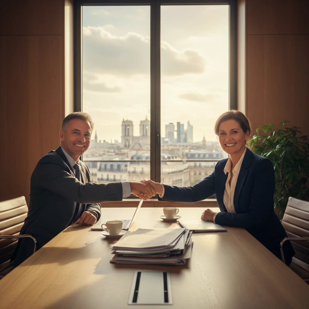 A professional business meeting between two adults in a modern office, shaking hands over a table to symbolize a financial agreement or promissory note, conveying trust and commitment in French business law context.