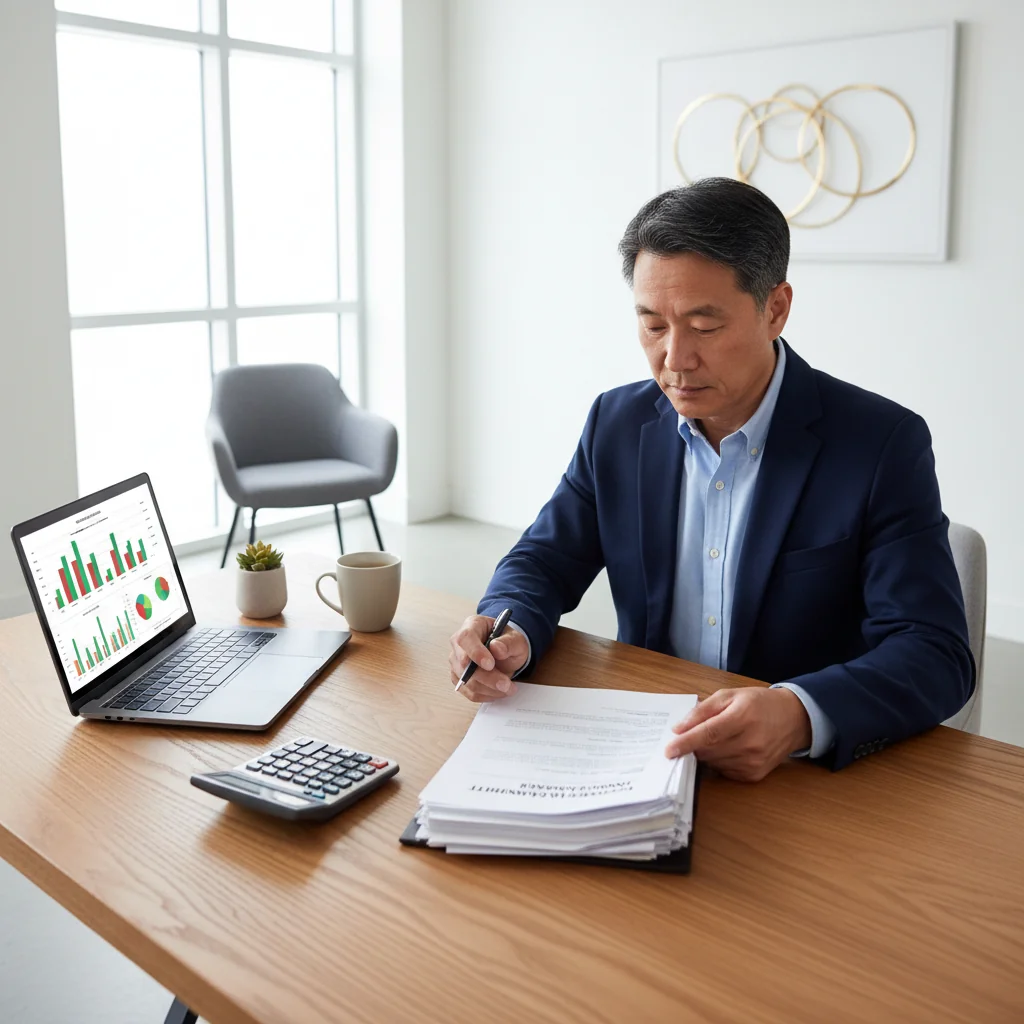 A photorealistic image of a professional adult in a modern office setting, reviewing financial documents on a desk with a calculator and laptop nearby, symbolizing personal loans and financial agreements, no children present.