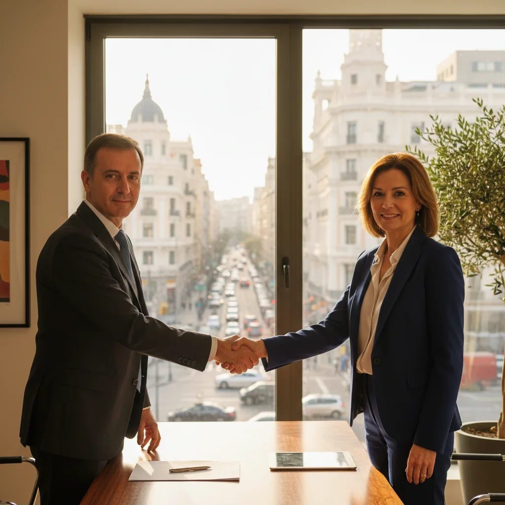 A photorealistic image of two professional adults, a man and a woman in business attire, shaking hands across a desk in a modern office setting, symbolizing a financial agreement or loan commitment, with a subtle background of a city skyline to evoke trust and legality in Spanish business context.