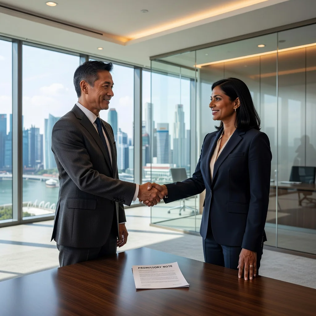 A professional business meeting in a modern Singapore office, with adults shaking hands over a financial agreement, symbolizing trust and commitment in promissory notes, photorealistic style.