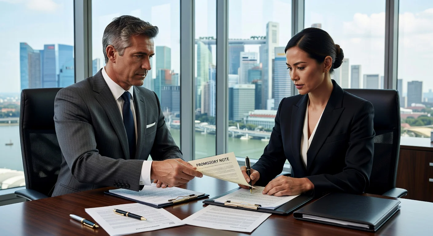 Business professionals signing promissory note