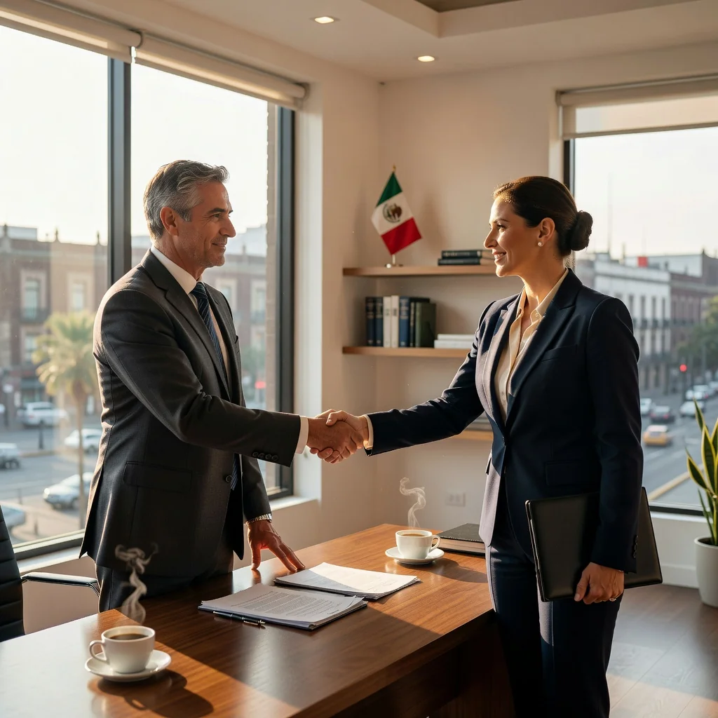 A photorealistic image representing financial transactions and agreements in Mexico, featuring two adults shaking hands over a table in a professional office setting with subtle Mexican cultural elements like a flag in the background, symbolizing trust and business deals without showing any legal documents.