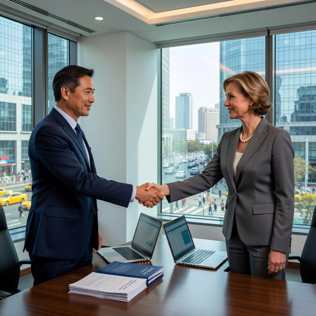 A photorealistic image of a professional business meeting in a modern Chinese office, where two adults in suits are shaking hands over a table, symbolizing a financial agreement or transaction, with subtle Chinese cultural elements like a city skyline view, conveying trust and verification in business dealings, no children present.