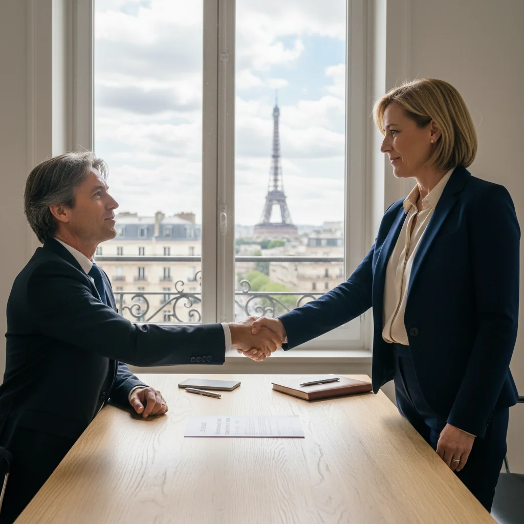 A photorealistic image of two professional adults in a modern French office setting, shaking hands over a desk to symbolize a financial agreement or loan commitment, with subtle French elements like a Eiffel Tower view in the background, conveying trust and formality without showing any documents.