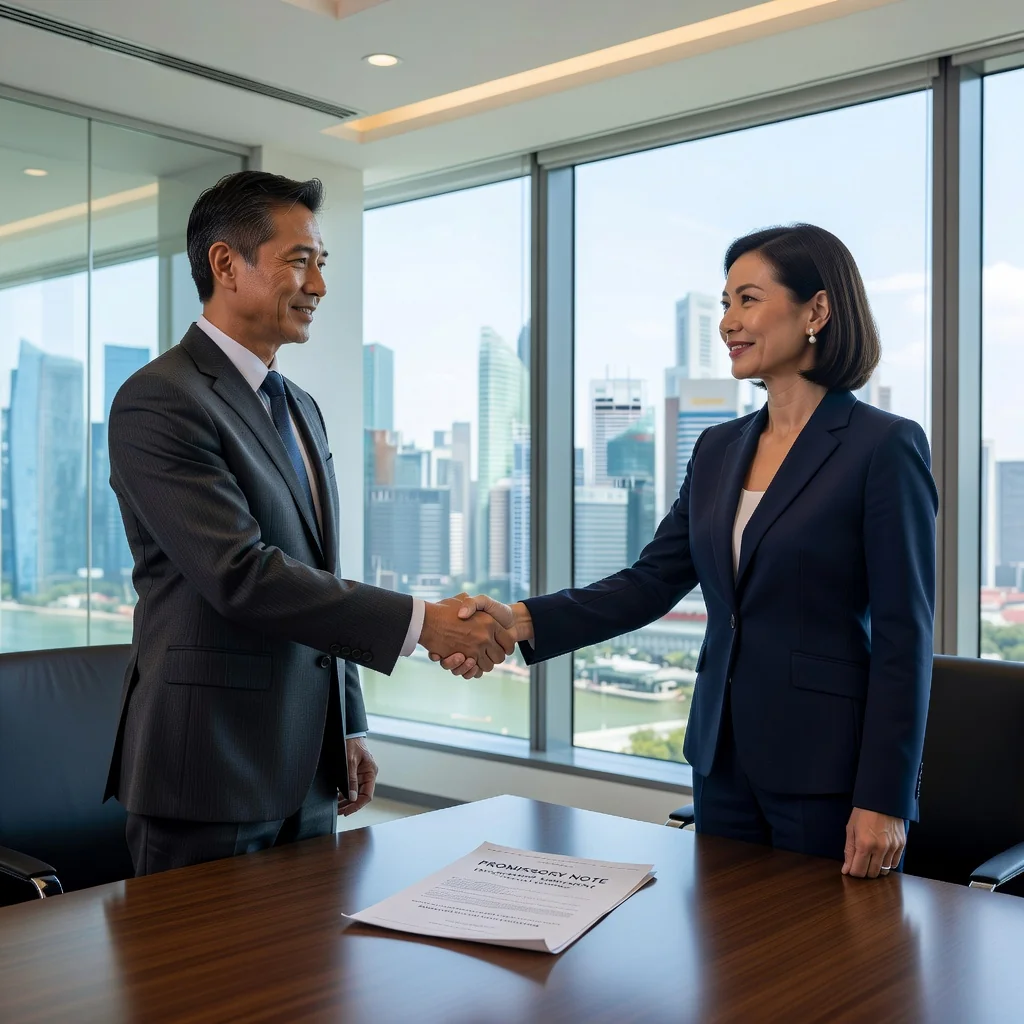A photorealistic image of two professional adults in a modern Singapore office shaking hands over a business deal, symbolizing the enforcement and agreement of a promissory note, with elements of trust and legal assurance in a bustling city environment. No children are present in the image.