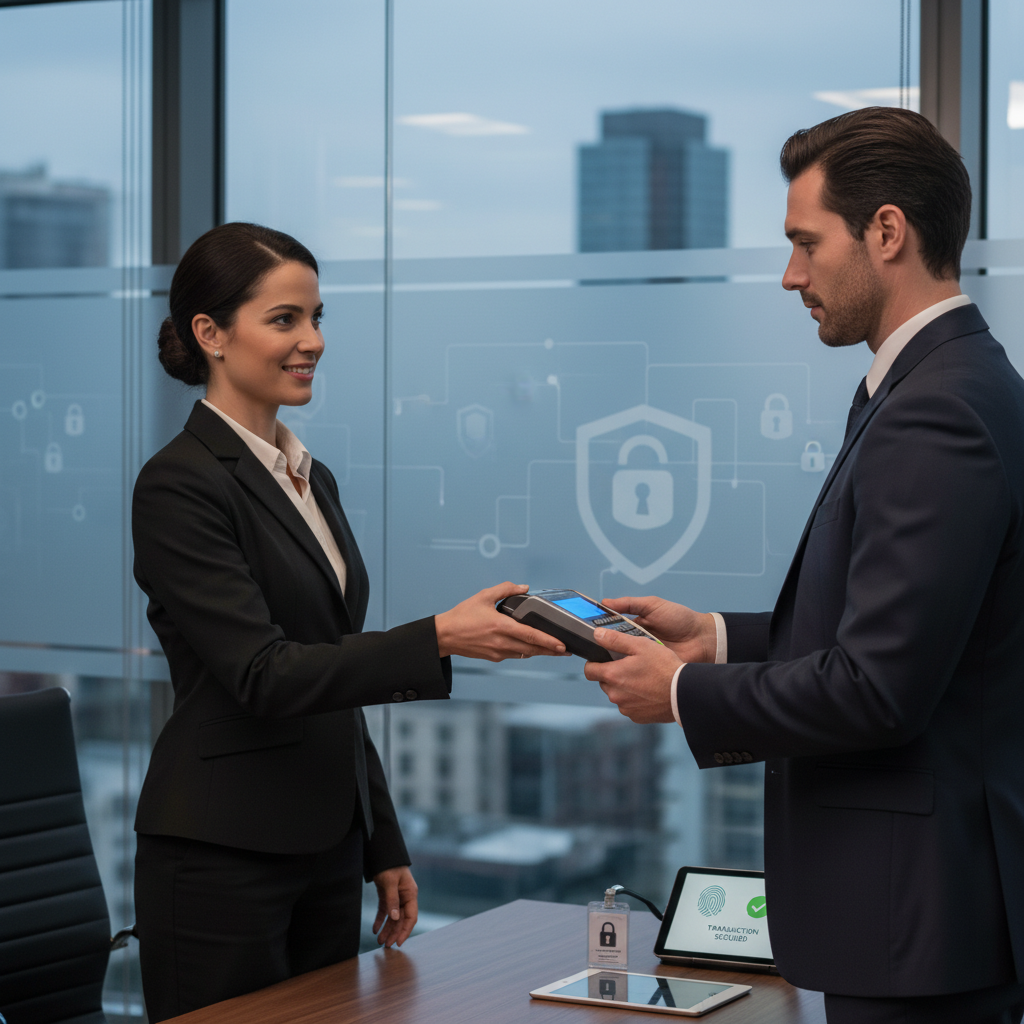 A photorealistic image depicting a secure and professional financial transaction between two adults in a modern office setting, symbolizing the safety and reliability of payment instruments like bills of exchange, with one person handing over a symbolic payment device or document to another, conveying trust and security without showing any actual legal documents.