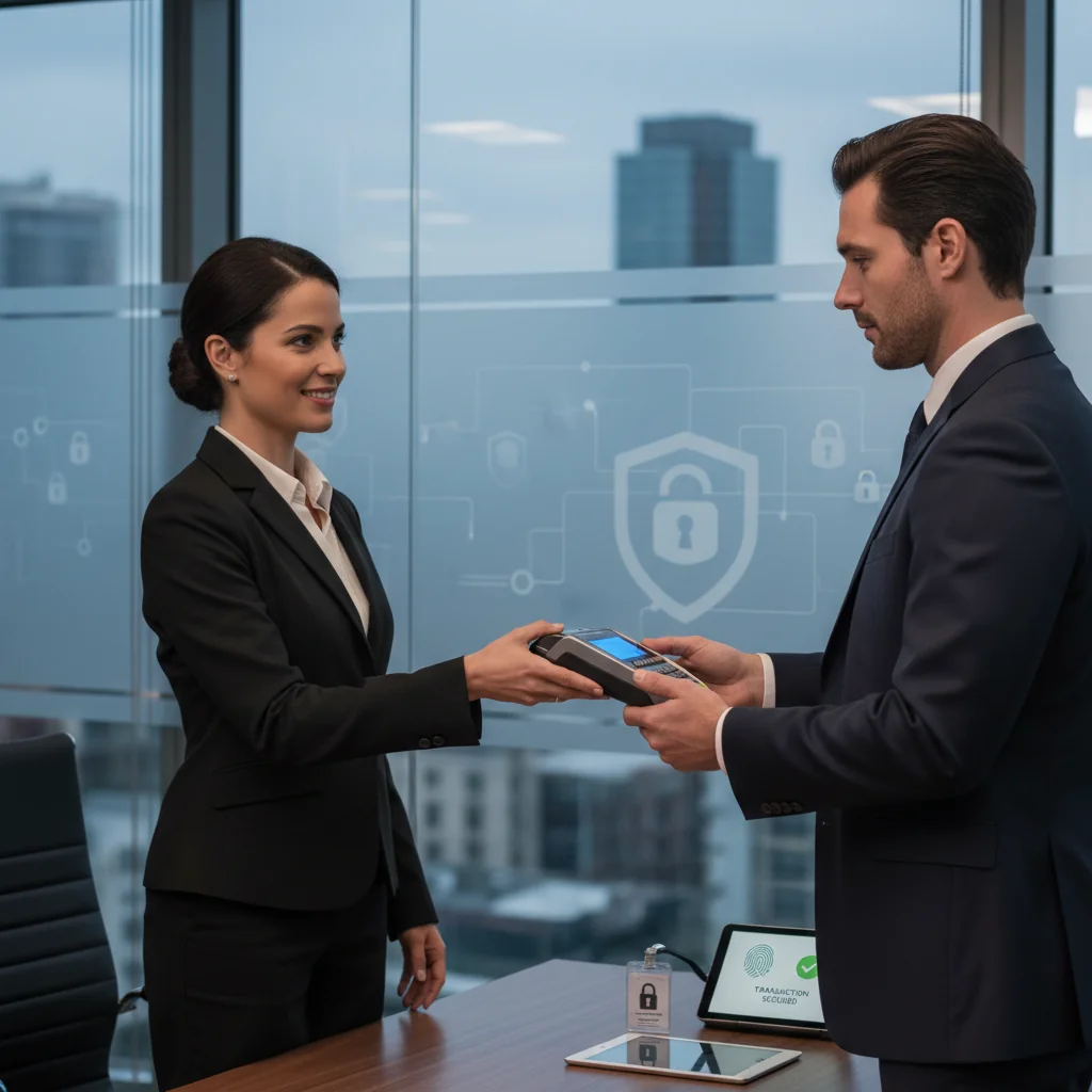 A photorealistic image depicting a secure and professional financial transaction between two adults in a modern office setting, symbolizing the safety and reliability of payment instruments like bills of exchange, with one person handing over a symbolic payment device or document to another, conveying trust and security without showing any actual legal documents.