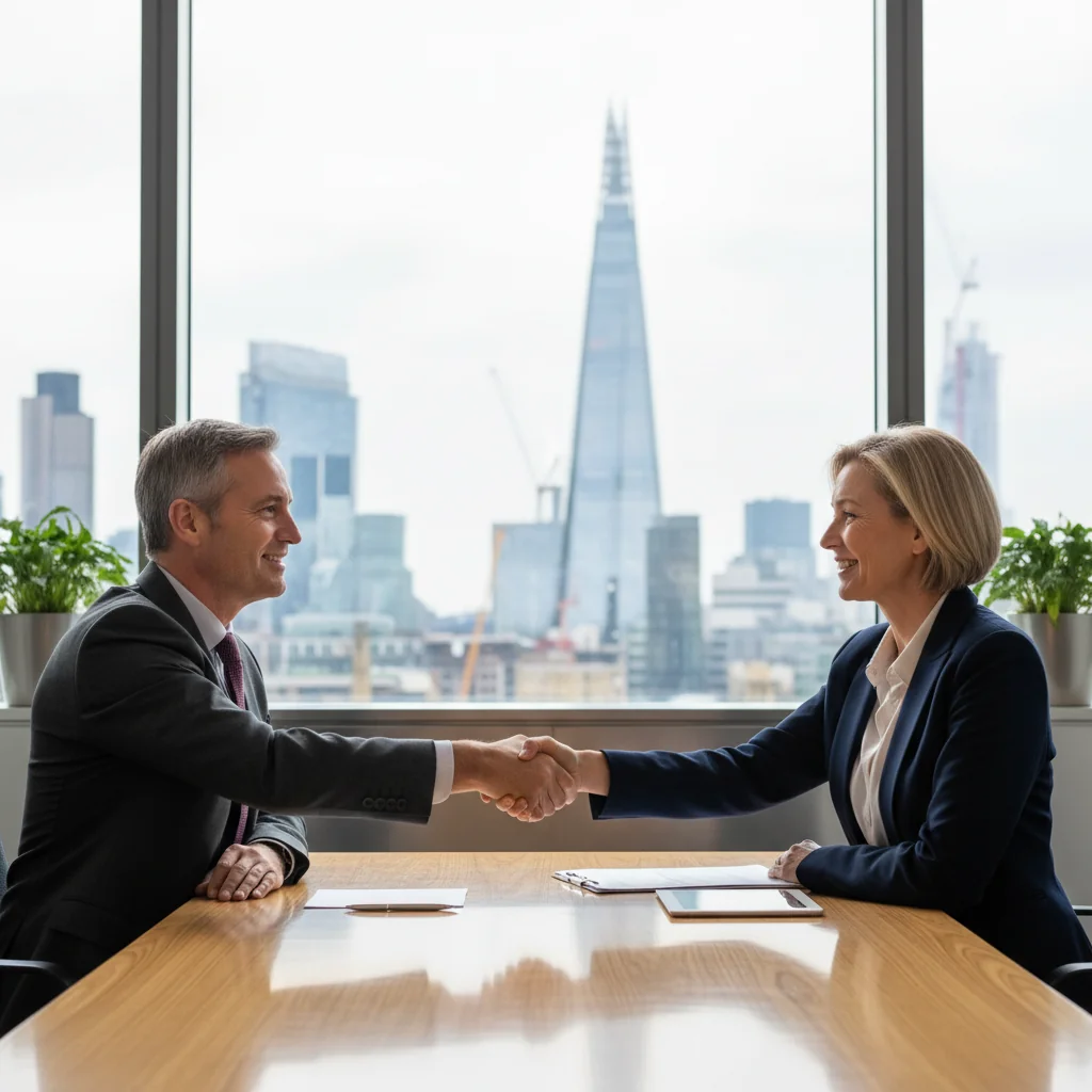 A photorealistic image of two professional adults in a modern UK office setting, shaking hands over a business deal, symbolizing the enforcement and fulfillment of a promissory note agreement for businesses. The scene conveys trust, agreement, and financial commitment without showing any documents.