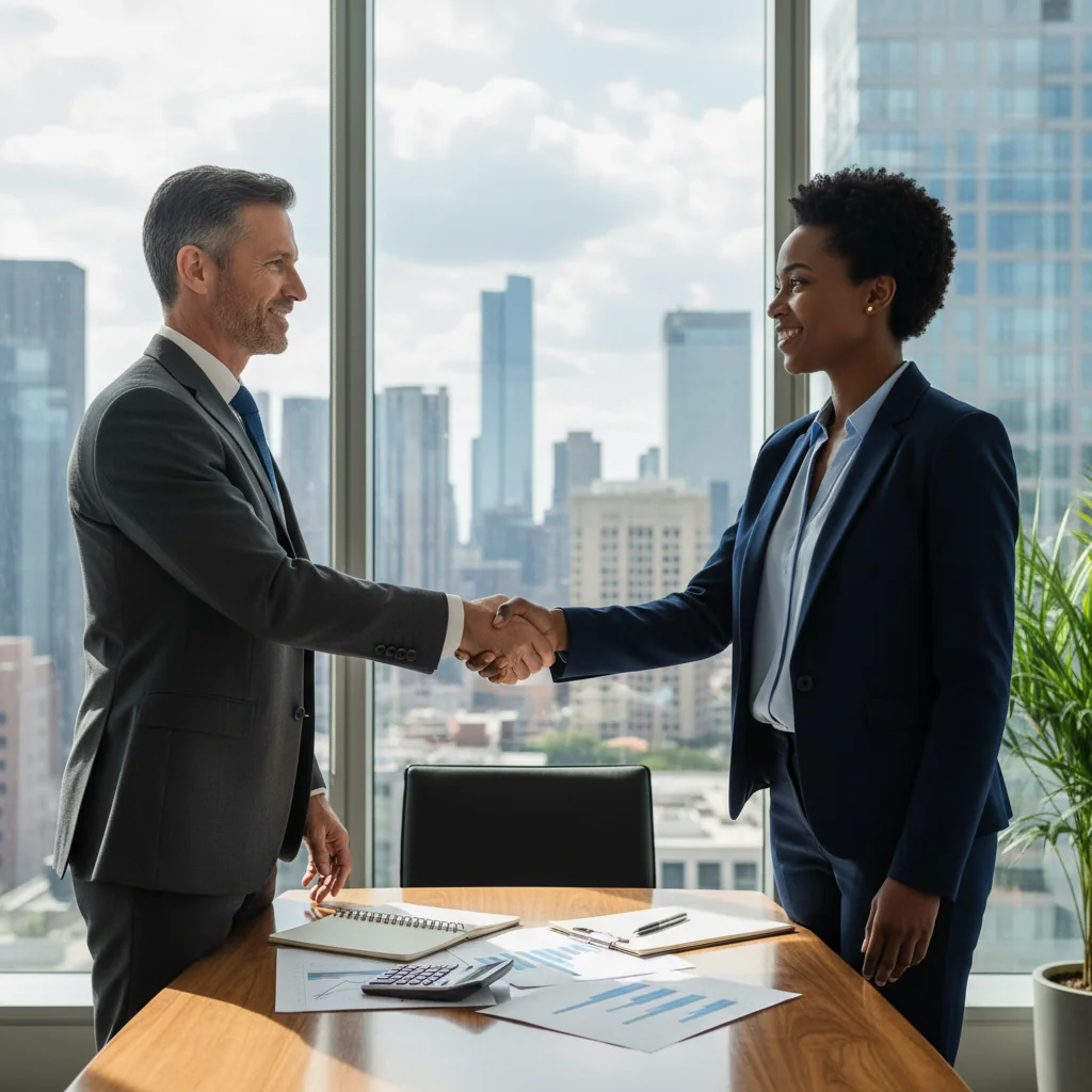 A photorealistic image of two adult professionals in a modern office setting, shaking hands over a conference table to symbolize a formal financial agreement, with subtle background elements like a calculator and financial charts, conveying trust and commitment without showing any legal documents.
