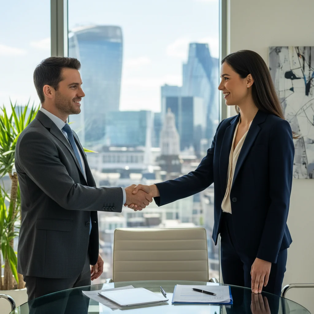 A professional business handshake between two adults in a modern UK office setting, symbolizing agreement and financial commitment, with elements like a city skyline in the background to evoke trust and reliability in business dealings.